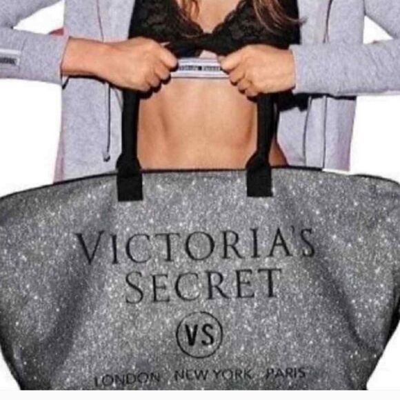 Victorias Secret Limited Edition Silver Glitter Weekender Tote Bag NWOT - Picture 2 of 15